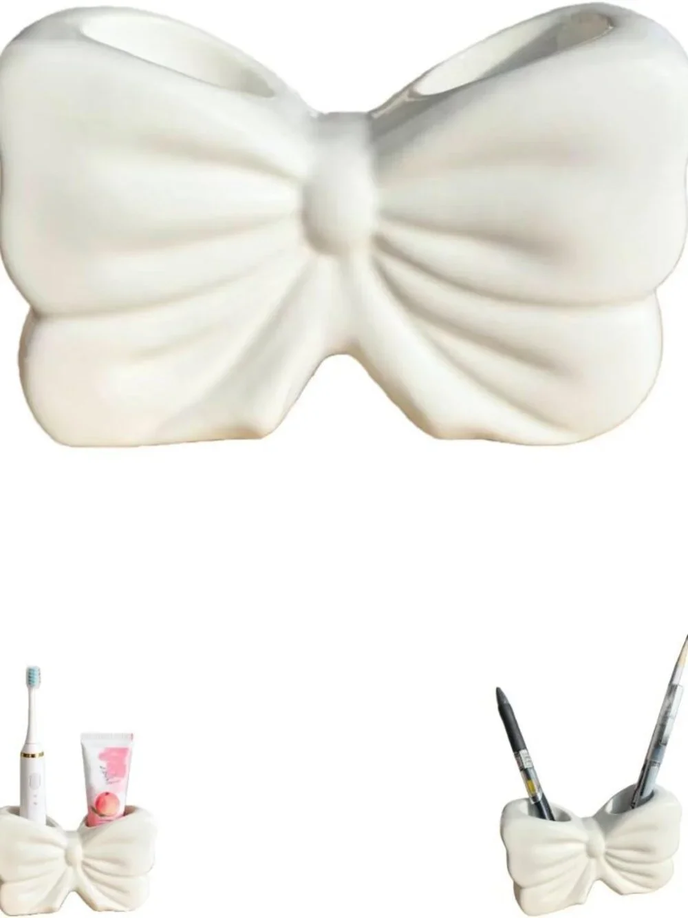 Cute Ceramic Bowtie Toothbrush Holder - 2 Slots, Quick Dry Bathroom Decor